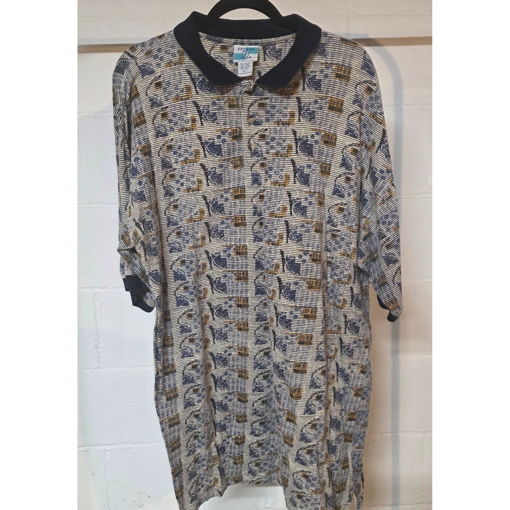 Vintage Boulevard Cotton Club Mens XL Tall Polo Abstract‎ Pattern Navy Tan